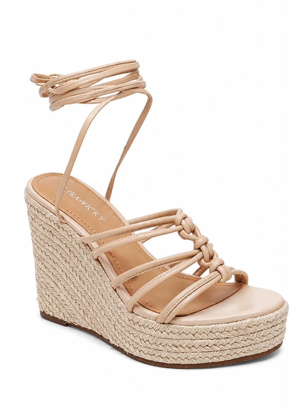 NWB Lisa Vicky Gaze-V Beige Sheep Nappa Wedge Sandals 9.5 M